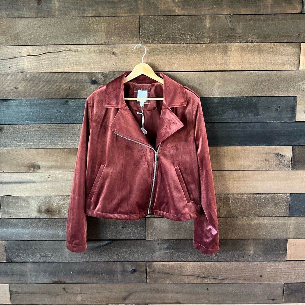 LC Lauren Conrad Velvet Moto Jacket Zip Front in Rose – Size L - Picture 3 of 10